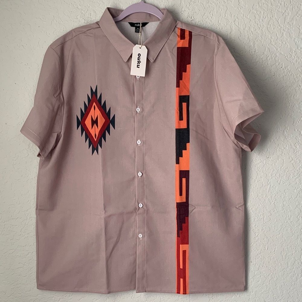 NWT OUKU Men's Linen Blend Shirt Aztec Print Beige Red Orange Size 2XL